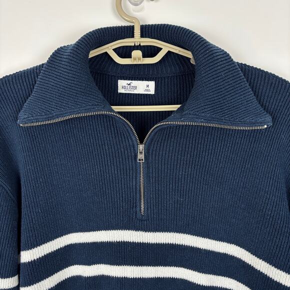 Hollister Chunky Ribbed Oversized Half Zip Sweater navy blue white stripe Medium - Picture 4 of 9